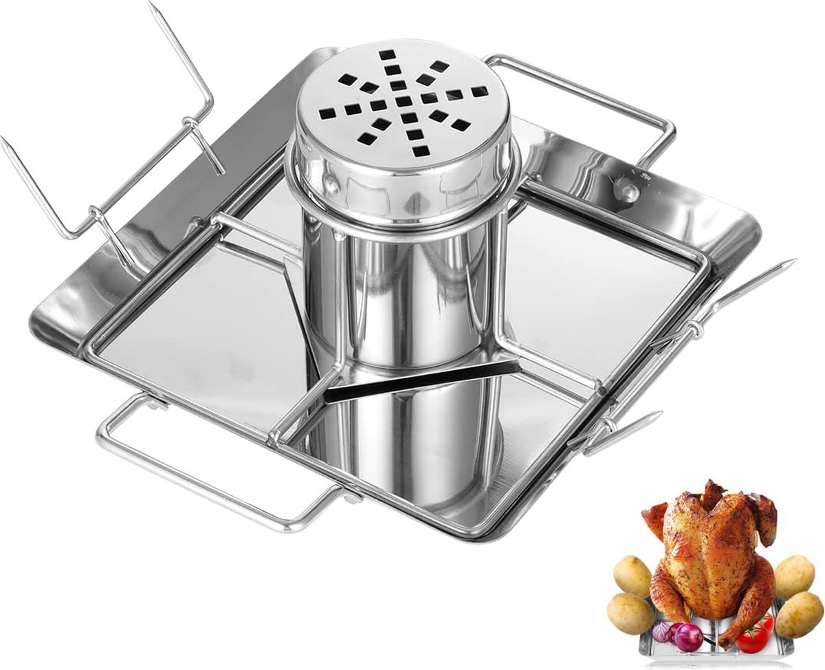 Chicken Roaster - Stainless Steel Chicken Holder - Beer Can for Chicken Grill - Grill Accessories for Barbecue, for Outdoor Grill, Oven - BBQ Accessory with 4 Vegetable Skewers - Merkloos