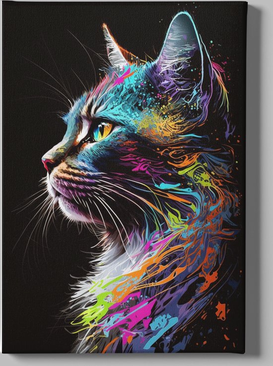 Canvas Schilderij Dieren - Kleurrijke Kat - Wanddecoratie - 150x100x2 cm