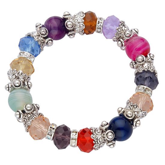 Behave Bracelet élastique en métal avec facette multi couleur foncée et perles rondes 12mm tour de poignet 16-19cm