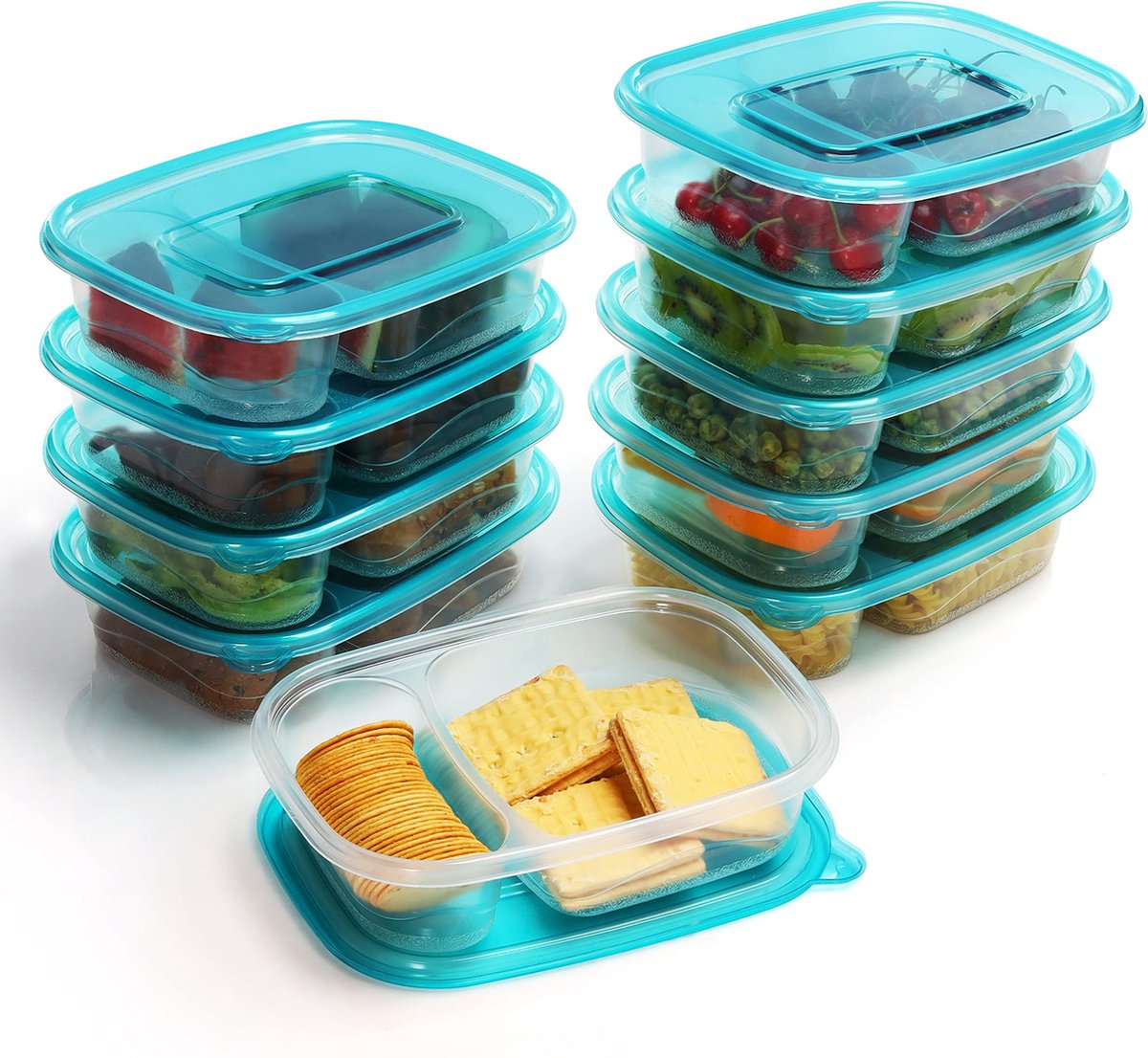 Freshly Contained 2 Compartimenten Plastic Voedsel Containers (10 Pak) - 946 ml BPA-vrije Herbruikbare Opslag Bento Lunchboxes met Deksel - Magnetron/Diepvries/Vaatwasser Veilig, Stapelbaar