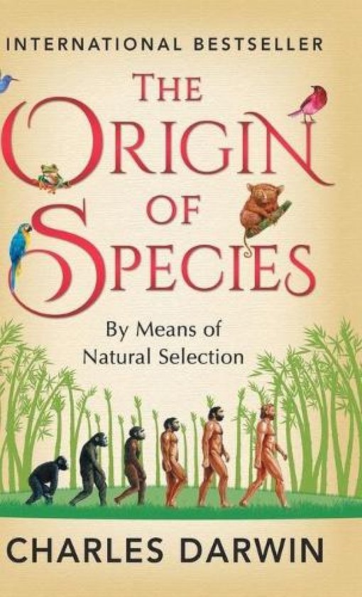 Boekomslag van 'The Origin of Species' door Charles Darwin, met afbeeldingen van evolutie en dieren.