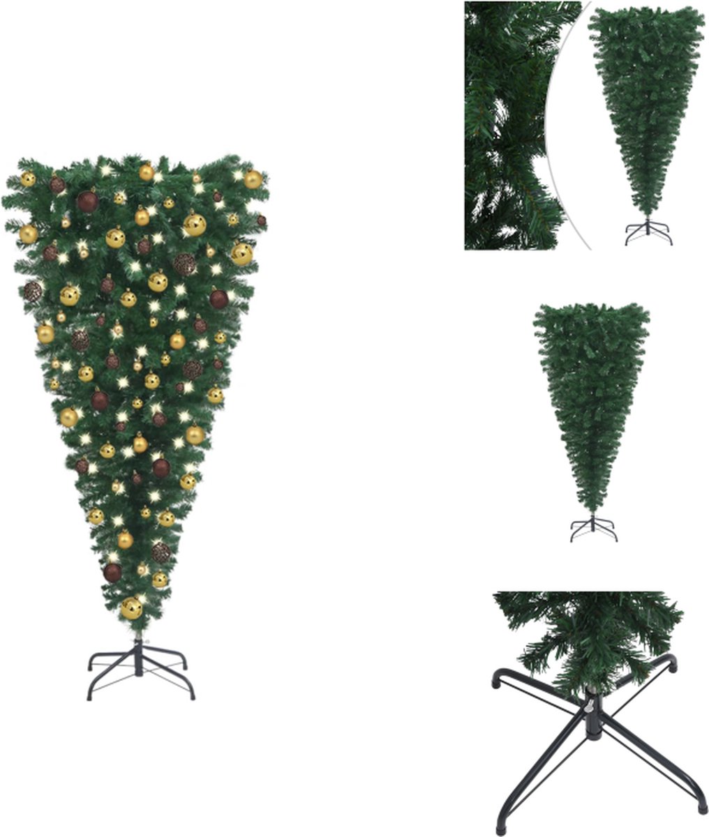 vidaXL Kunstkerstboom - Omgekeerd ontwerp - PVC - Verstelbare takken - LED-verlichting - 180 cm hoog - Groene boom met gouden en bronzen kerstballen - Decoratieve kerstboom