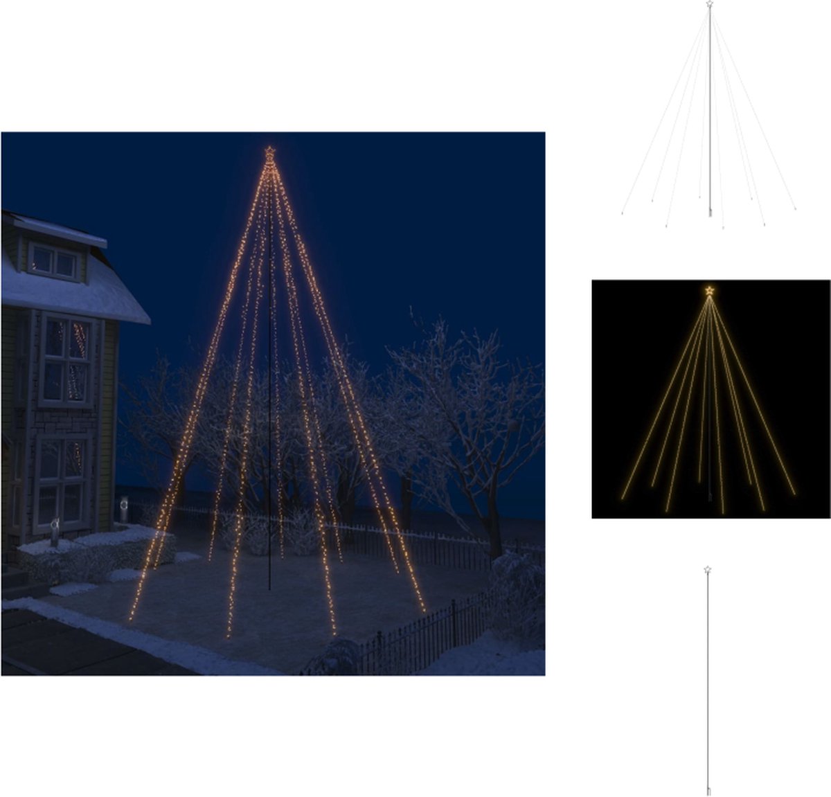 vidaXL Kerstboomverlichting - Watervalontwerp - 8 snoeren - 1.300 LEDs - Warmwit - 8.3 m LED-snoer - 8 m hoog - IP44 - 27V - 9W - 15m stroomsnoer - Inclusief ster - Montage vereist - Decoratieve kerstboom