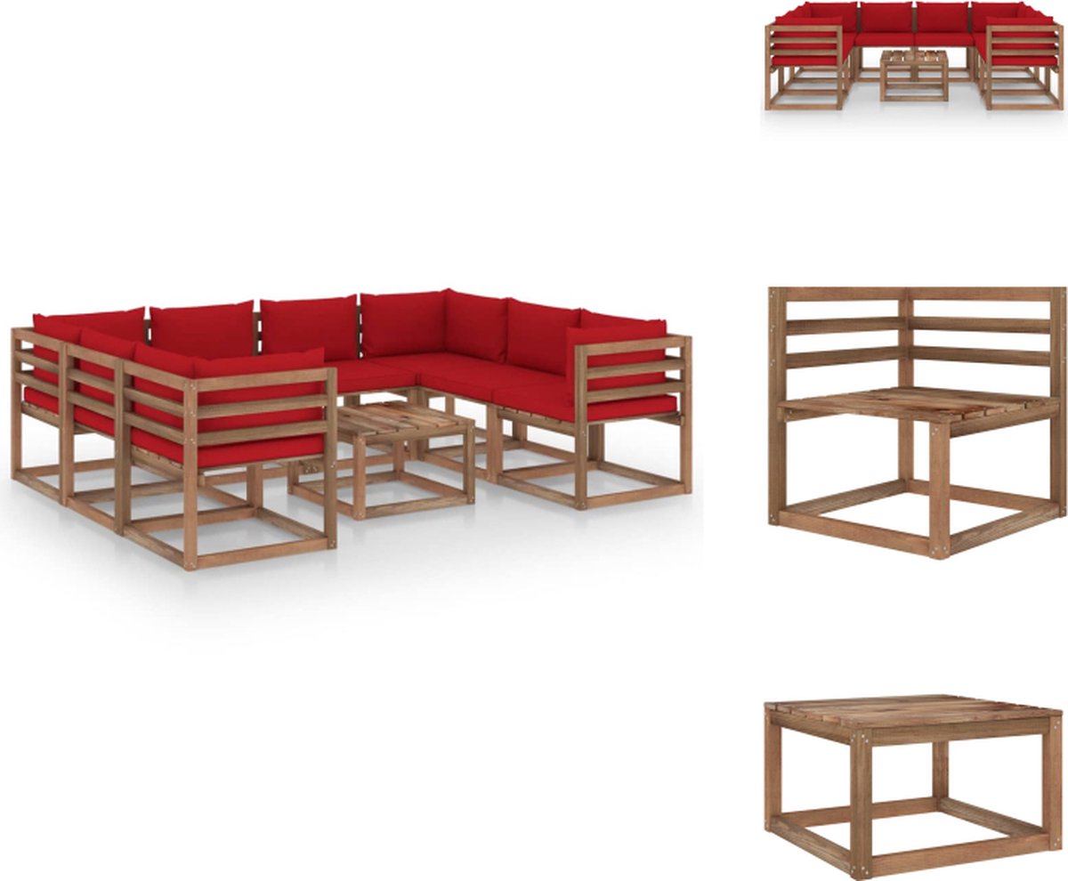 VidaXL Loungeset Pallet Grenenhout hoekbank + middenbank + tafel rood Tuinset