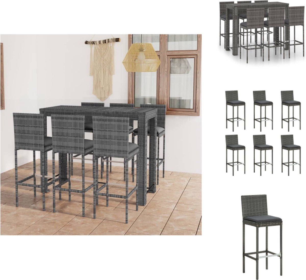 VidaXL Barset Antraciet Grijs Staal PE-rattan 140.5x60.5x110.5cm 6 krukken 6 kussens Tuinset