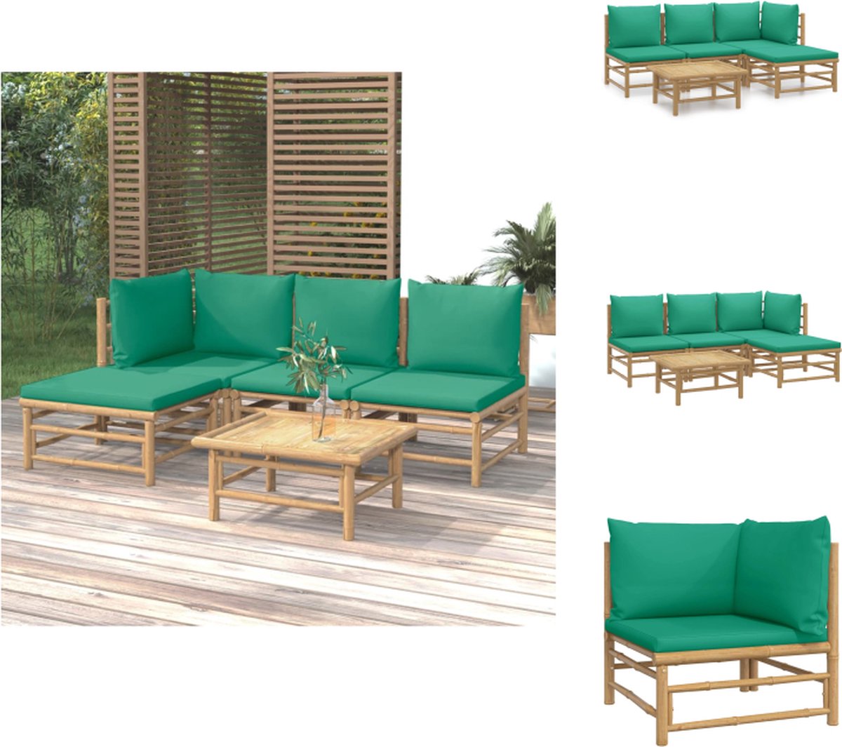 vidaXL 5-delige - Loungeset - met - kussens - bamboe - groen