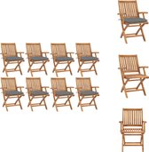 vidaXL Tuinstoelen - Teakhout - Set van 8 stoelen - Grijs kussen - Tuinstoel