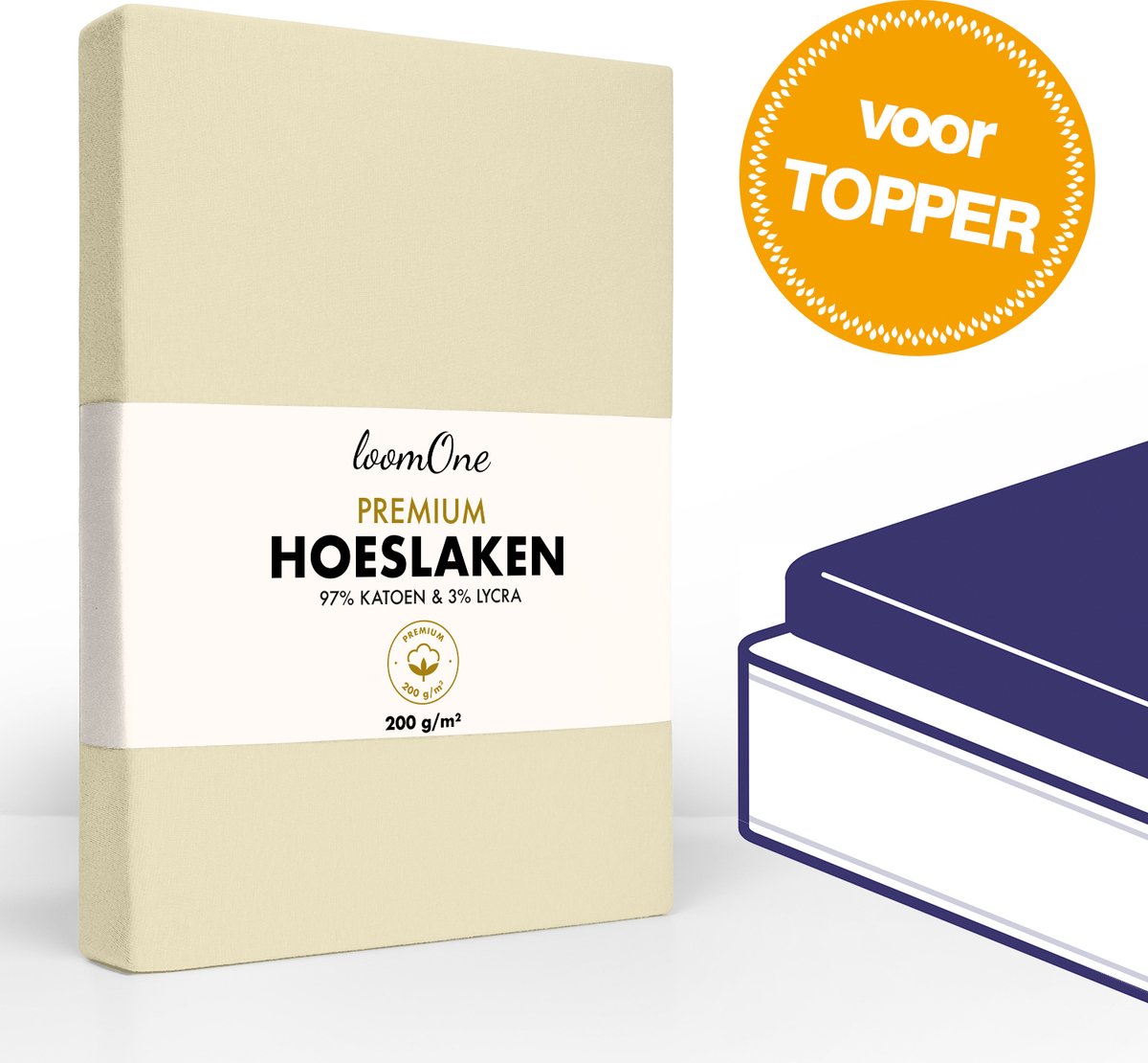 Loom One Premium Topper Hoeslaken – 97% Jersey Katoen / 3% Lycra – 160x200 cm – tot 10cm matrasdikte– 200 g/m² – voor Boxspring-Waterbed - Natural / Crème