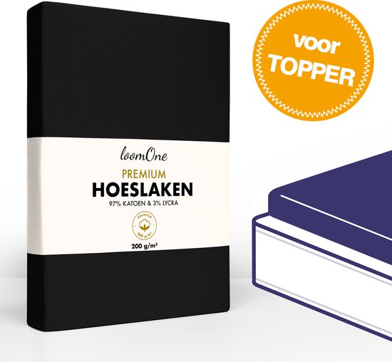 Loom One Premium Topper Hoeslaken – 97% Jersey Katoen / 3% Lycra – 180x200 cm – tot 12cm matrasdikte– 200 g/m² – voor Boxspring-Waterbed - Zwart