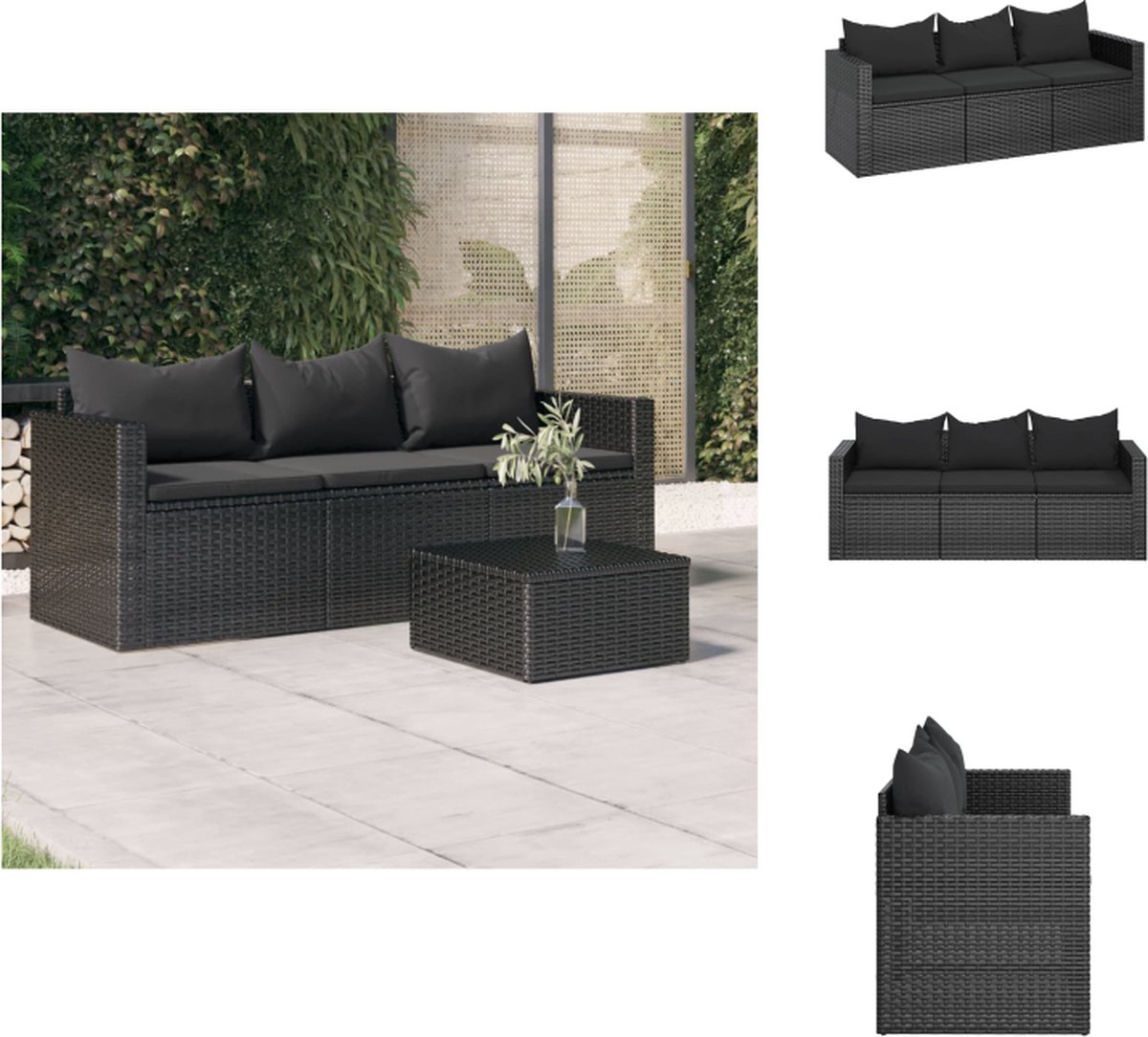 VidaXL Tuinbank 176x64x60.5 cm PE Rattan Zwart Inclusief kussens Loungebank