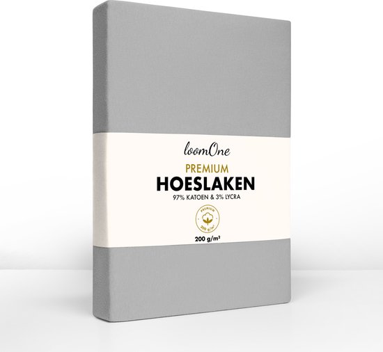Loom One Premium Hoeslaken – 97% Jersey Katoen / 3% Lycra – 100x200 cm – tot 23cm matrasdikte– 200 g/m² – voor Boxspring-Waterbed - Grijs