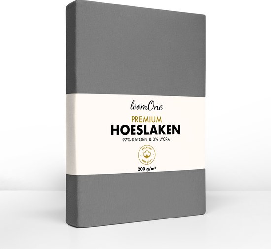 Loom One Premium Hoeslaken – 97% Jersey Katoen / 3% Lycra – 180x200 cm – tot 25cm matrasdikte– 200 g/m² – voor Boxspring-Waterbed - Antraciet