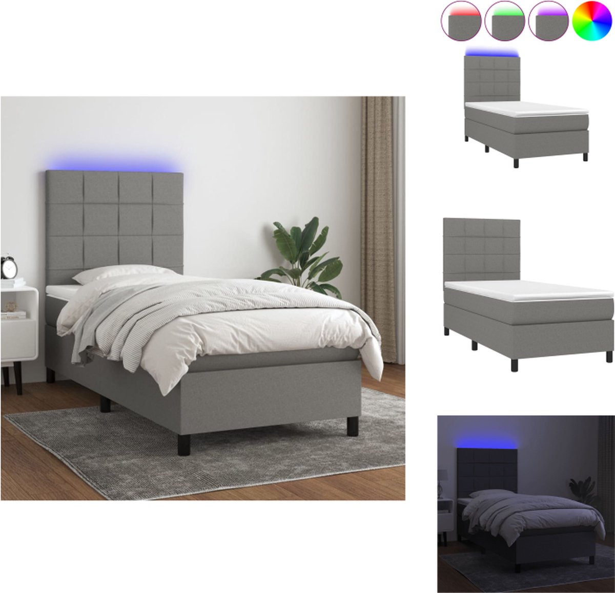 VidaXL Boxspring Bed Donkergrijs 203 x 80 x 118 128 cm Verstelbaar hoofdbord Kleurrijke LED-verlichting Pocketvering matras Huidvriendelijk topmatras Inclusief montagehandleiding Bed