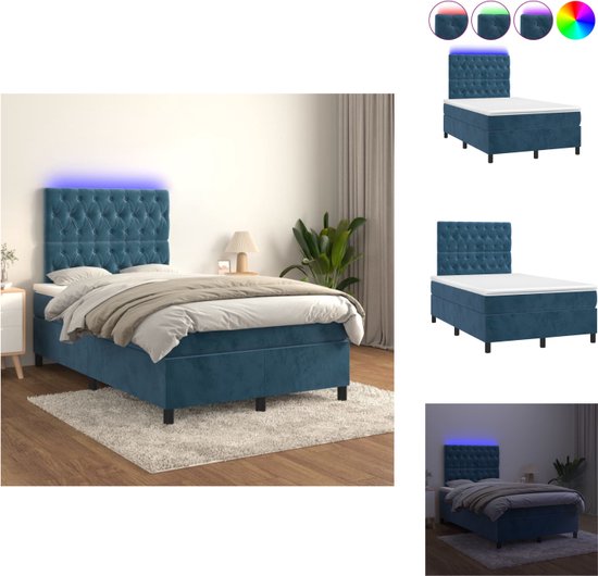 vidaXL Boxspring donkerblauw fluweel 203 x 120 x 118/128 cm - LED - pocketvering - Bed