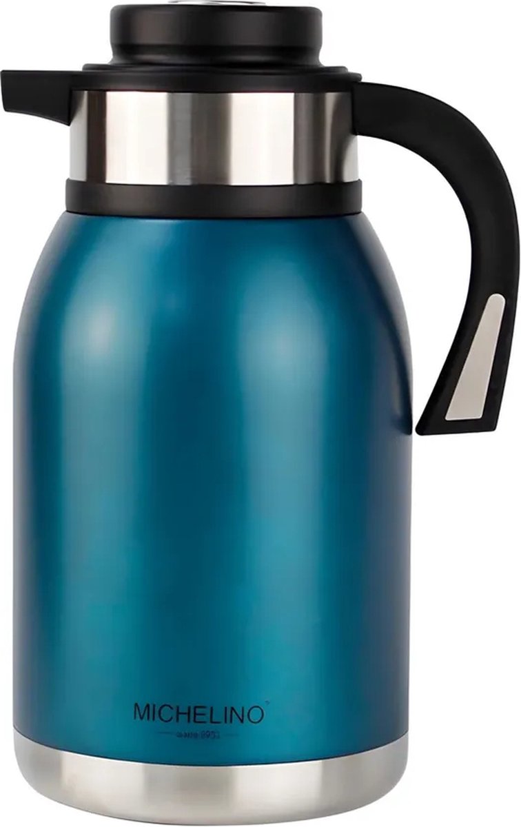 Michelino 54541 - Thermosfles 2 liter - dubbelwandig - drankendispenser - geïsoleerde kan - koffie thee theepot - Petrol Blauw