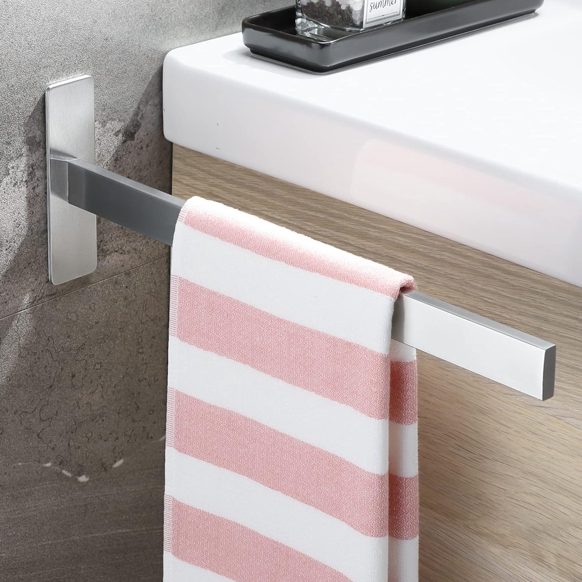 Towel Rail No Drilling Square 38 cm Self-Adhesive Towel Rail Bathroom Towel Holder Stainless Steel Towel Rail Wall for Bathroom Kitchen Brushed Silver