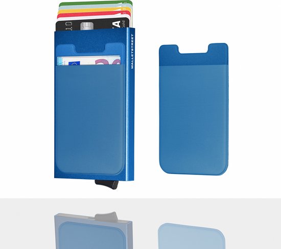 Walletstreet Uitschuifbare Pasjeshouder Slim-Fit Plus Collection Aluminium Creditcardholder/Card Protector Anti-Skim/ RFID 7 Pasjes Met Plakwallet – Voor Mannen & Vrouwen -Kerstcadeau Ideale Geschenk- Marine Blauw