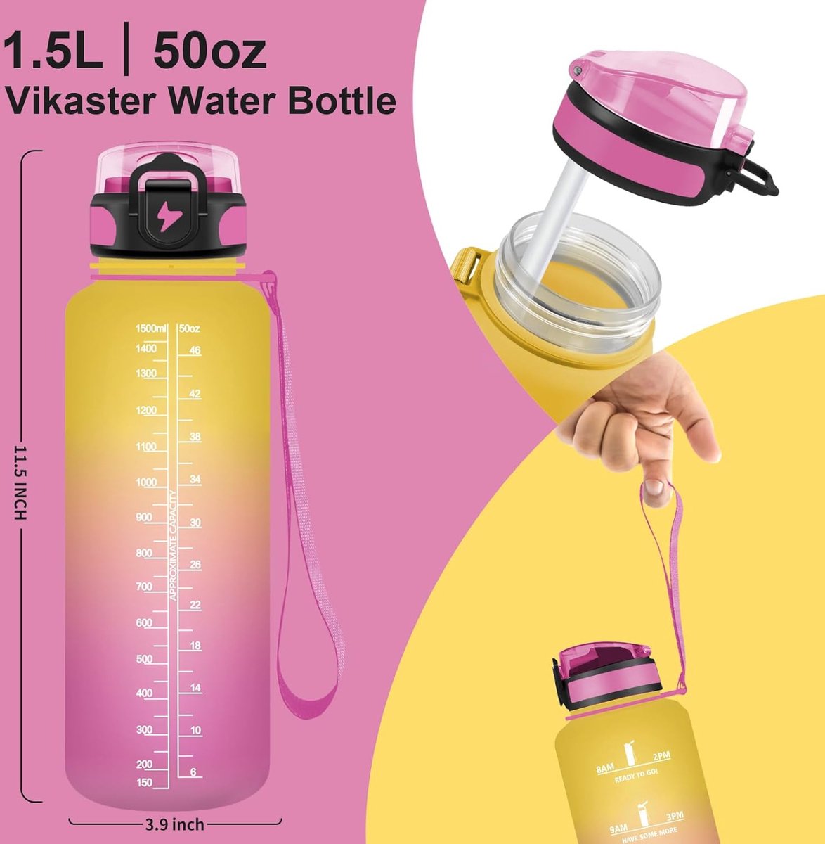 BLUEGO 700ml glazen waterfles met handgreep en rietje, drinkfles voor hydratie met siliconen hoes en tijdmarkeringen, motiverende waterfles voor sportschool, sporten, buiten, lekvrij, roze
