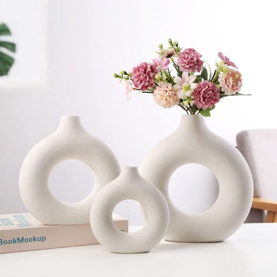 3 stuks keramische donutvaas handgemaakte ronde bloemenvazen decoratieve vazenset moderne decoratie voor pampasgras, droogbloemen, beige ornamenten voor kantoor, huisdecoratie