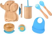 Lucellia® Bamboe babyservies set – 7 Delig Blauw Olifant - Kinderservies set - Kinderbord – Kom - Met zuignap – Kinderbestek - Babybestek - Siliconen -Slabbetjes –Baby drinkbeker-Kraamcadeau jongen–Babyshower cadeau–BPA & Melamine vrij–Gecertificeerd