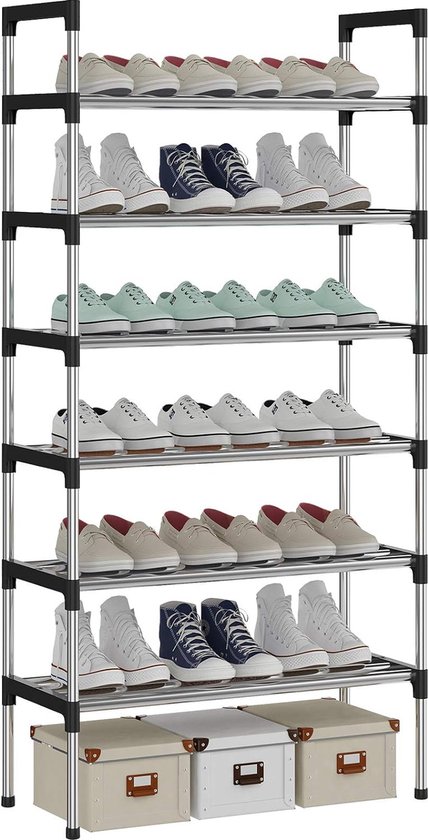 6-laags zilveren verstelbare schoenenrekken, schoenenopslag, hoge schoenenrek, organizer, plankhouder, standaard voor 18 paar schoenen, 56 x 30 x 110 cm, extra robuuste constructie
