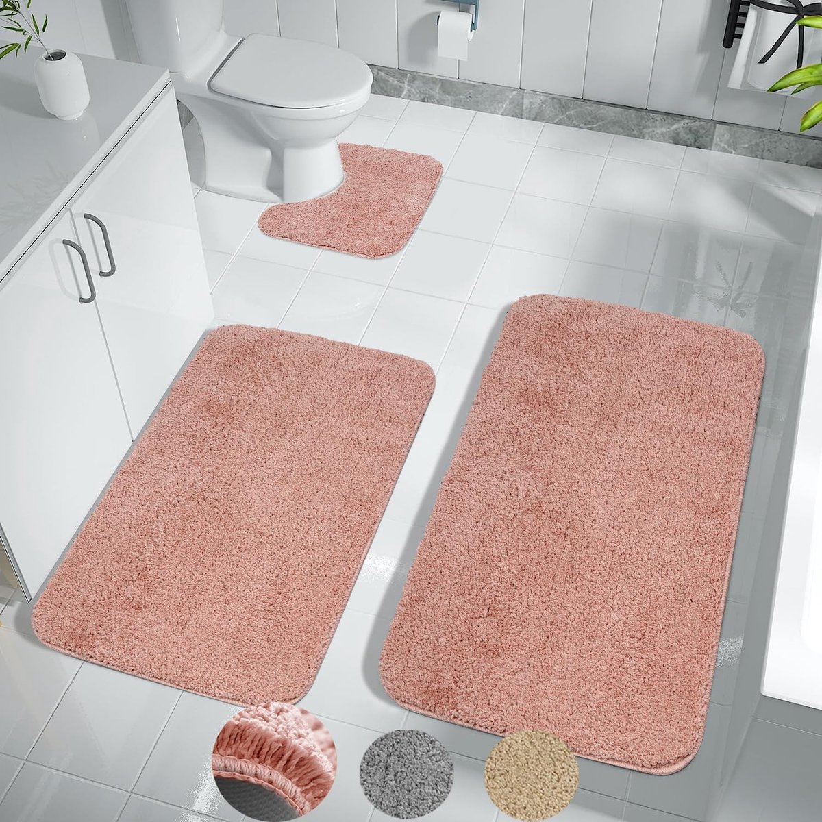 Badmatset, 3 stuks, antislip toiletmat, super absorberende microvezel badmat, vloermat, machinewasbaar, badmat (roze, U40 x 50 cm + 50 x 60 cm + 50 x 80 cm)