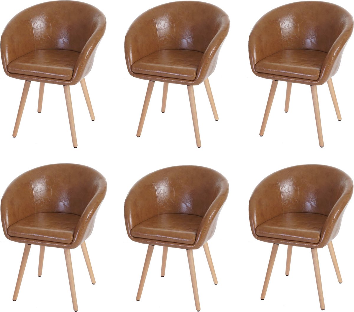 Cosmo Casa Set Van 6 Eetkamerstoel - Keukenstoel - Retro Jaren 50 Ontwerp - Kunstleer - Bruin - Lichtkleurige Poten