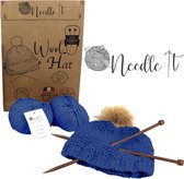 Complete dark blue knitting hat kit - Do-it-yourself woolen hat for children and adults - complete kit with needle, ball and instructions - French wool