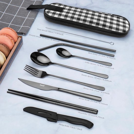 Cutlery Set 10 Pieces Stainless Steel Travel Cutlery Set, Black Camping Cutlery Bag for Travel, Outdoor Cutlery Set, Dishwasher Safe Knife, Fork and Spoon Set (Black) — afbeelding 4