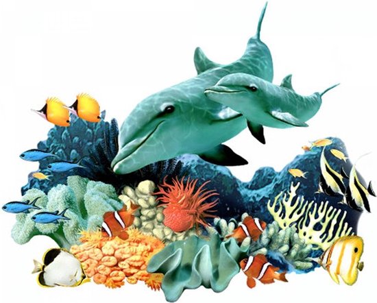 Muursticker dolfijn met koraal - onderwaterwereld - zee - incl. set maanvissen, set zeepaardjes & geel/blauwe vissen - kinderkamer