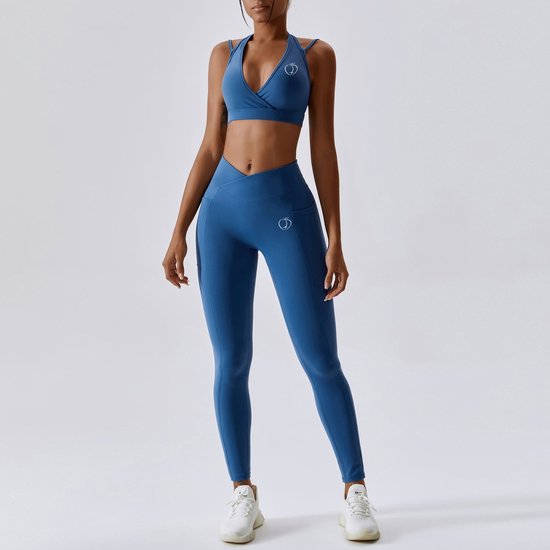 Peachy Bum Nova Impact Set – Leggings en Sport Beha – Scrunch Butt – Pockets – Sportkleding dames – Blauw – Maat L