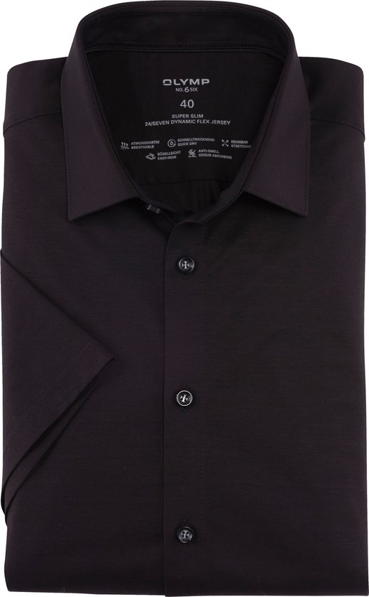 OLYMP 24/7 No. 6 Six super slim fit overhemd - korte mouw - tricot - zwart - Strijkvriendelijk - Boordmaat: 39