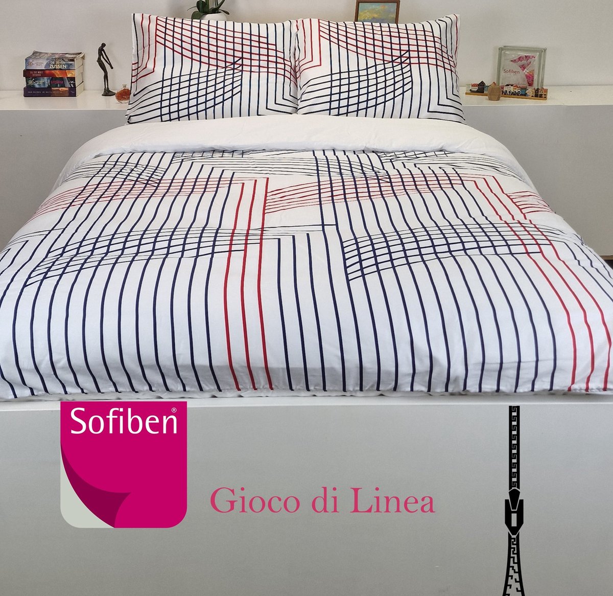 Sofiben - Celeste - Gioco di Linea - dekbedovertrek met een doorlopende rits over 3 zijden - afm. 200 x 200 cm.