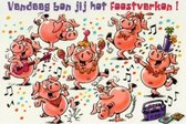 Vandaag ben jij het feestvarken! Van harte gefeliciteerd! Een grappige kaart met vrolijke varkens die aan het dansen zijn. Een leuke kaart om zo te geven of om bij een cadeau te voegen. Een dubbele wenskaart inclusief envelop en in folie verpakt.