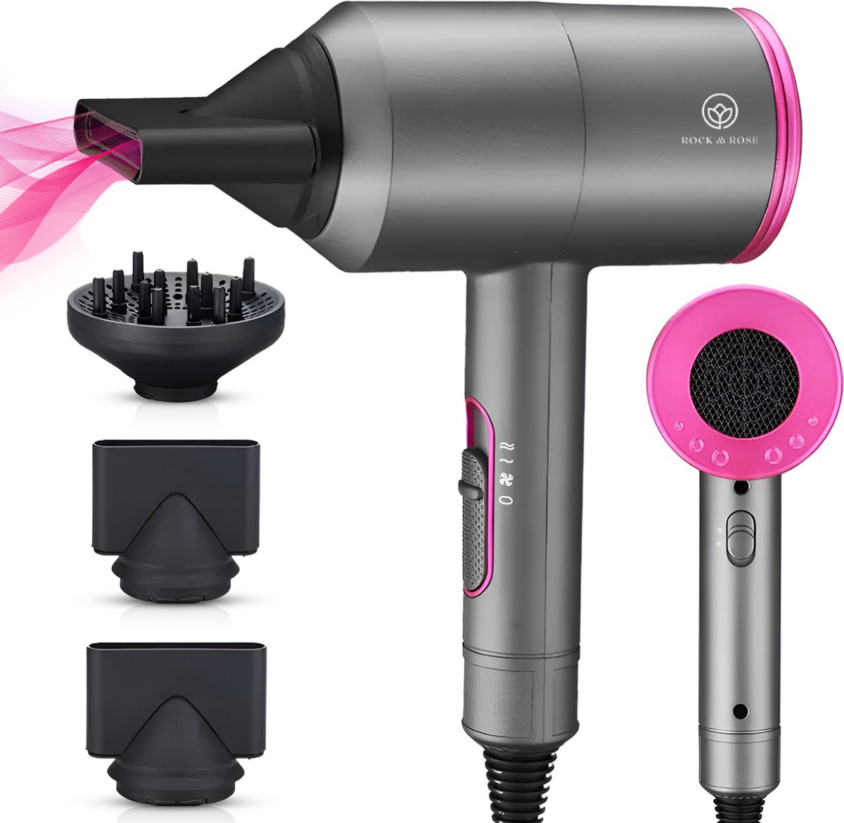 Rock&Rose Fohn met diffuser - 3 Standen - Coolshot - Ionische Haardroger - AirStyler - Krullen - Hair Dryer - 2000W