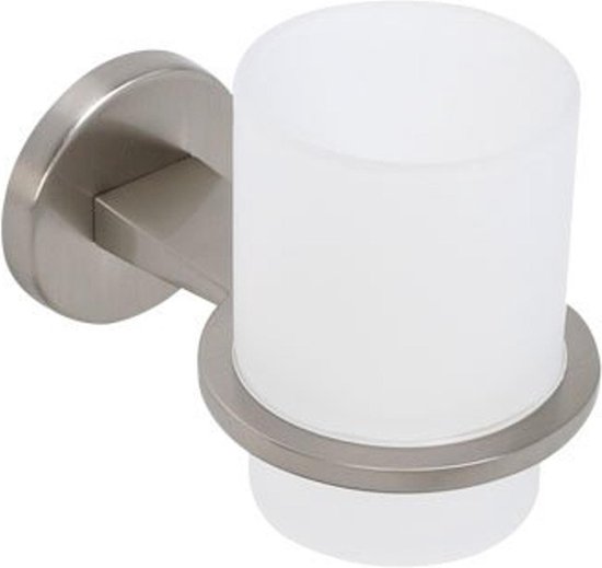 Bekerhouder met glazen potje en geborstelde inox afwerking.