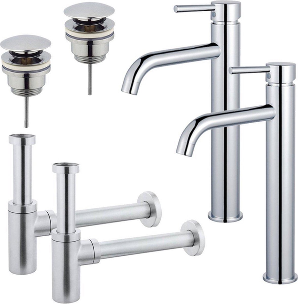 FortiFura Calvi Wastafelkraanset voor dubbele wastafel verhoogde wastafelkraan klikwaste plug design sifon Chroom
