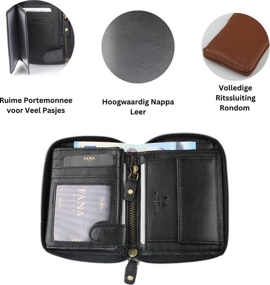 Zwarte leren portemonnee met ritssluiting, 12x9cm, met vakken en RFID-logo.
