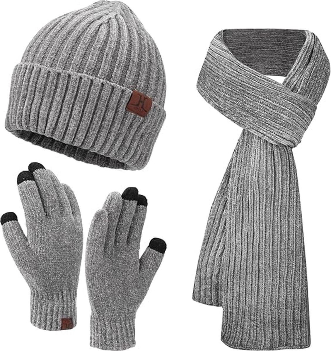 Warme winterset 3 stuks - Grijs - Beanie muts, lange sjaal, touchscreen handschoenen - 3-delige set voor volwassenen - Black Friday 2023 - Kerstcadeau