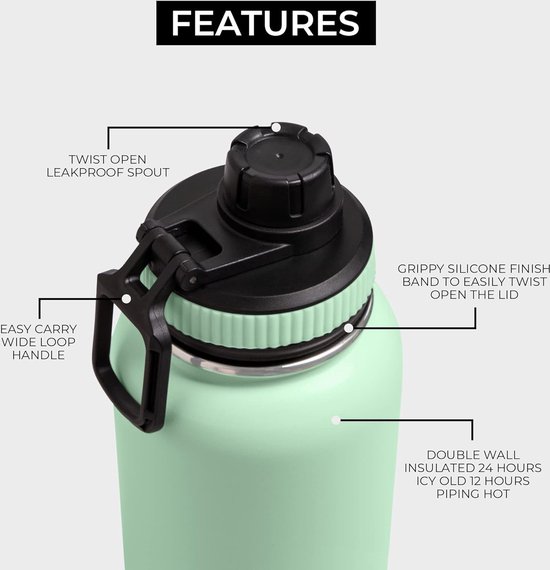 Geïsoleerde Roestvrijstalen Waterfles 1 Liter met Handvat Geïsoleerde Roestvrijstalen Waterfles 1 Liter met Handvat