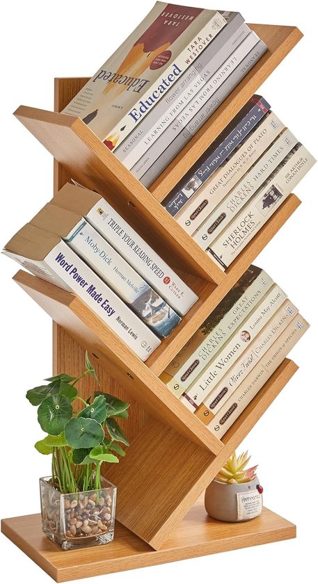 Boekenkast in de vorm van een boom, 4 niveaus als scheidingswand, staande plank, 30 x 17 x 60 cm, ruimtebesparend, houten plank voor boeken, cd's, spelletjes, decoratie, voor slaapkamer, woonkamer, kantoor, natuurlijk.