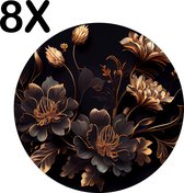 BWK Luxe Ronde Placemat - Goud met Zwarte Bloemen Kunst - Set van 8 Placemats - 50x50 cm - 2 mm dik Vinyl - Anti Slip - Afneembaar