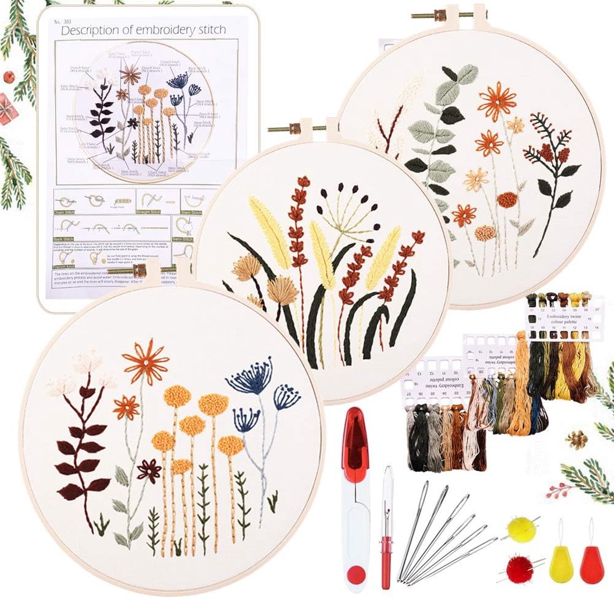 Beginners Borduurset, Bloemenpatroon, Planten, Kruissteekpakket, Startersgereedschapsset met 3 stuks, Plastic Borduurringen, Gekleurde draden en gereedschap, voor DIY-kunst, handwerk, naaien.