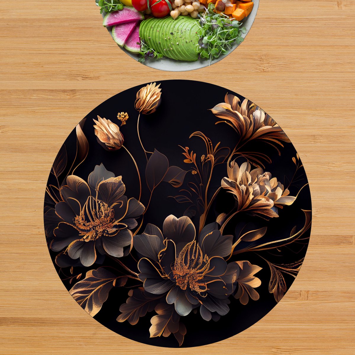 Luxe Ronde Placemat - Goud met Zwarte Bloemen Kunst - Set van 8 Placemats - 40x40 cm - 2 mm dik Vinyl - Anti Slip - Afneembaar — cadeau in Wonen & Interieur - foto 3
