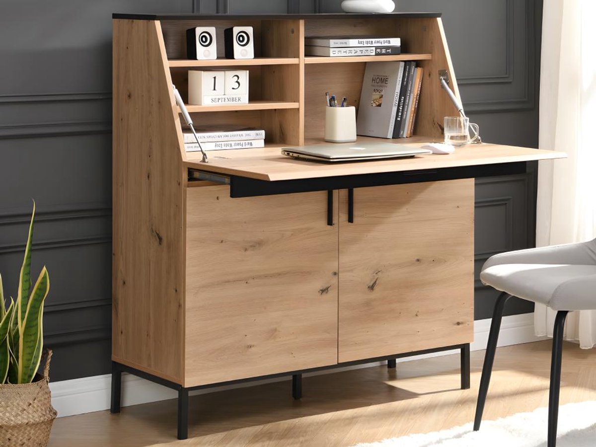 Vente-unique Bureau met 2 deuren - MDF - Naturel en zwart - MALEDA