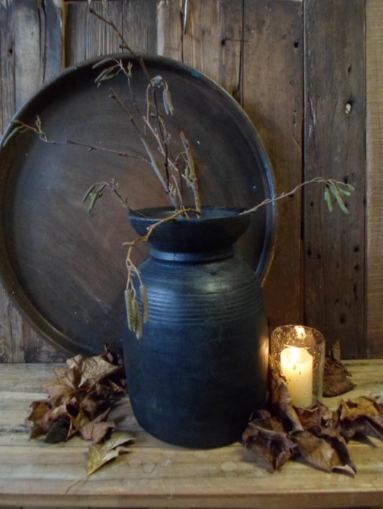 Authentieke Nepalese houten pot in zwart hoog 30 cm