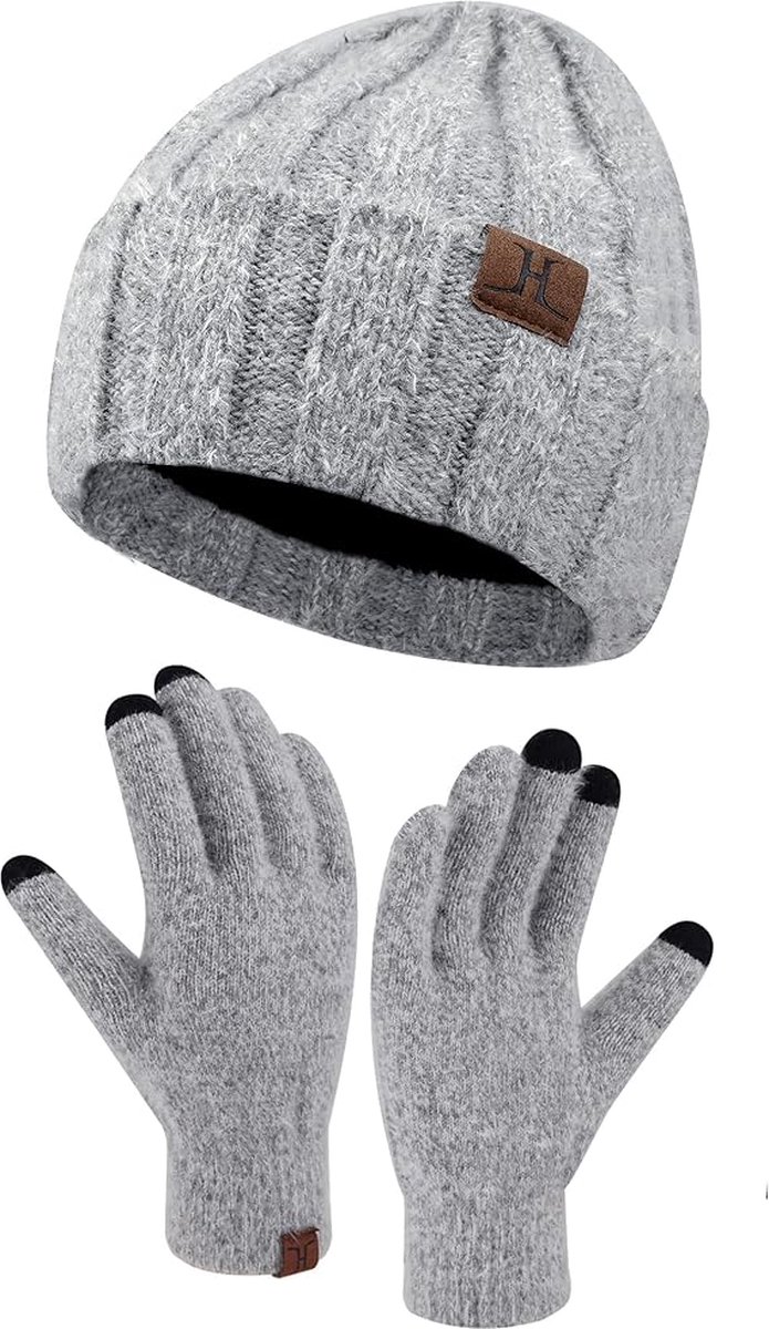Warme winterset 2-delig - Lichtgrijs - Fleece gevoerde beanie muts en touchscreen handschoenen - Thermo voor volwassenen - Black Friday 2023 - Kerstcadeau