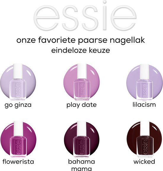 Collage van zes Essie nagellakjes in verschillende paarse tinten: Go Ginza, Play Date, Lilacism, Flowerista, Bahama Mama en Wicked.