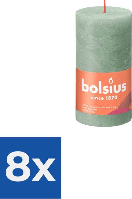 Bolsius Shine Collection Rustiek stompkaars 13 cm / Ø7 cm Jade Green - Voordeelverpakking 8 stuks