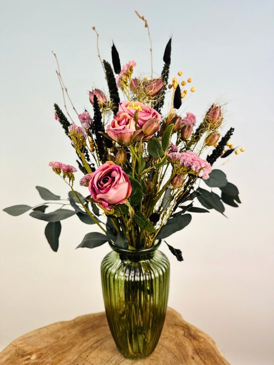 Zijden & droogbloemen boeket “Rozen Liefde” | 50 cm | inclusief vaas | Prachtig en uniek zijden- en droogbloemen boeket | Perfect voor ieder interieur